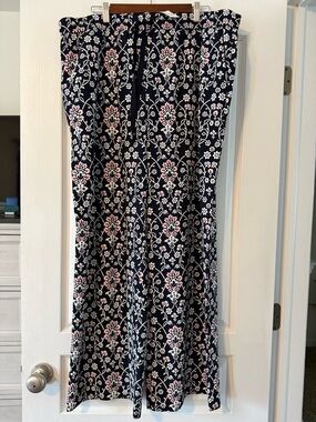 LOFT Navy Floral Wide Leg Pants with White and Red Print XL Tall NWT
